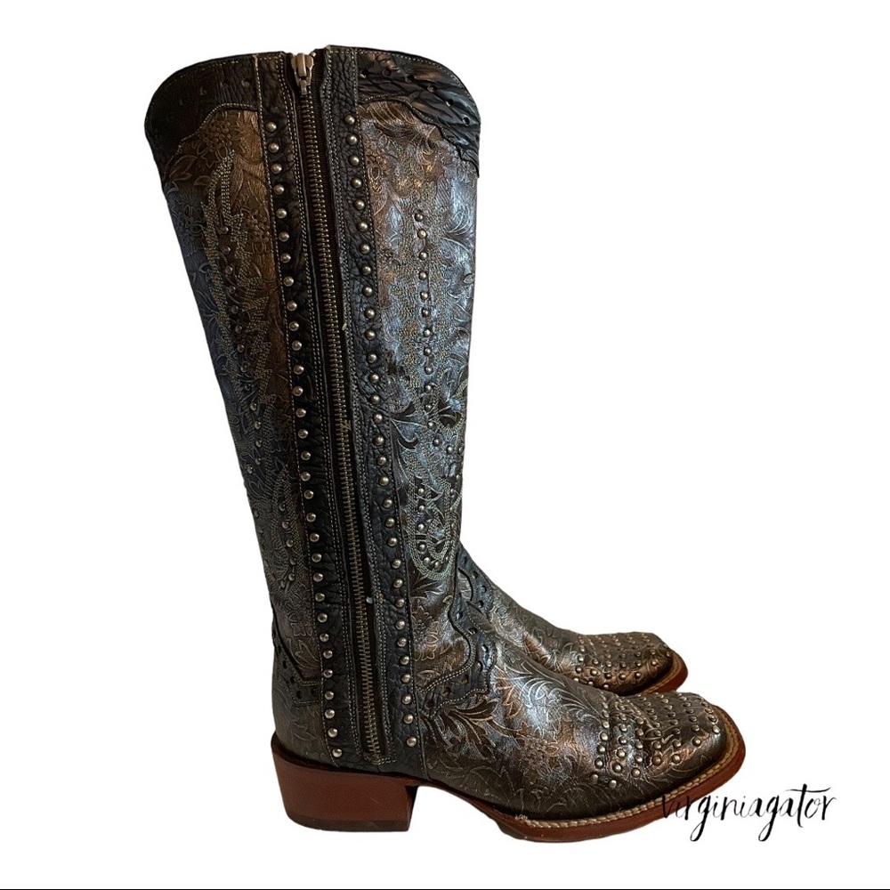 Dan Post Simone 15" Platinum Black Bronze Studded Leather Embroidered Zip Boots